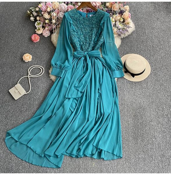 Vestidos casuais básicos Spring Hook Flower Lace costura Vestido de chiffon longo Mulheres elegantes vestidos redondo pescoço de manga longa com cintura-up ladies vestidos 2024