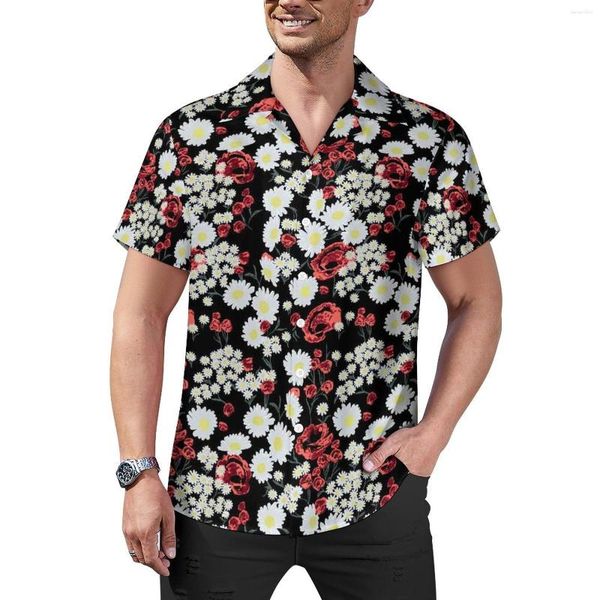 Camisas casuais masculinas vermelhas flor branco rosa margarida estampa camisa de férias