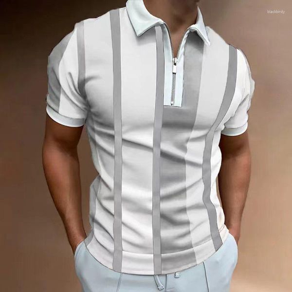 Herren Polos Sommer Polo -Shirts Mode gestreiftes 3D -Druckhemd Männlich formale Reißverschluss übergroß