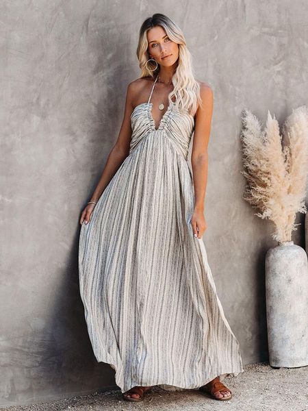 Fitshinling Bohemian Vintage Backless Maxi Dress Verão Listrado Slim Sexy Sundress Férias Longo Robe V Neck Uma Linha Vestidos Venda