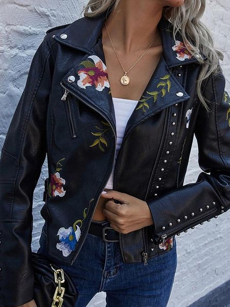 Giacche da donna giacca in pelle in faux putta donna con stampa floreale vintage cappotto corto cappotto femminile rivettatore punk con cerniera moto moto
