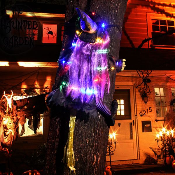Objetos decorativos Figuras de Halloween Decoração Árvore de escalada Luzes de bruxa lideradas Bruxa brilhante Hits The Tree Witch Party Decoration Props 230818