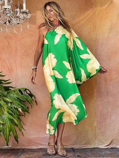 Costume da bagno verde Boho stampato con spalle scoperte Kaftan Copricostumi bikini sexy Taglie forti Abbigliamento donna Abbigliamento estivo da spiaggia Costume da bagno Cover Up A1015