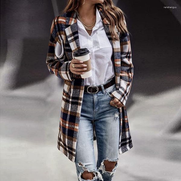 Damengrabenmäntel Plaid Wolljacke 2023 Herbst/Winter Revers Pocket Casual Button Wolle Mischung Windbrecher