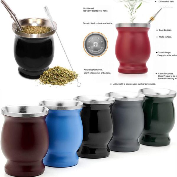 Tassen 230 ml Mate Cup 304 Edelstahl Doppelwand 8oz Tragbarer Tee -Tasse Kürbis mit Bombillas und Reinigung