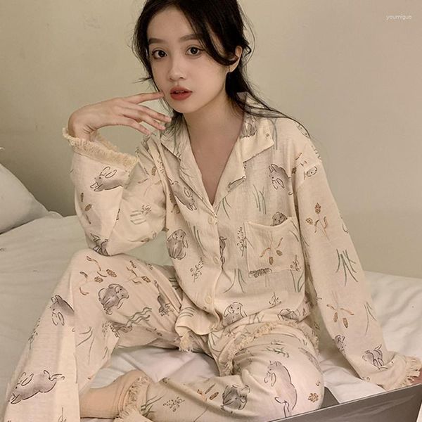 Frauen Nachtwäsche Tier gedrucktes Pyjama Sets Frauen Single Breasted Japan Turn-Down-Kragen Nachtwäsche Frühling Herbst elastische Taille