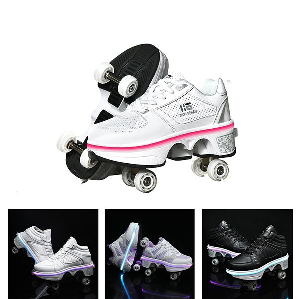 Athletic Outdoor Kofuboke LED Deformation Skate Schuhe weiß Unisex Retractable 4 Rad Sneaker Erwachsene Kinder Casual Light Kick Roller Schuhe 230818