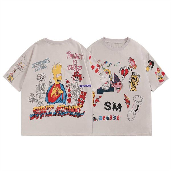 Dv9m magliette da uomo saint Michael Simpson dipinto a mano graffiti a mano rotonda a manica corta coppia americana High Street T-shirt sciolta per uomini