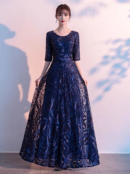 Dark Navy Mother of the Bride Abites Elegant Long Party Formale Abito a mezze maniche Lace-Up Lunghezza del pavimento