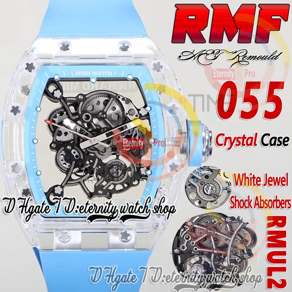 RMF AET 055 MENS WATCH RMUL2 Mechanische Handwinding True Ausgewoderung Federkristall weiße Hülle Skelett Zifferblatt Blauer Inner Ring Gummi-Gurt Super Edition Eternity Uhren