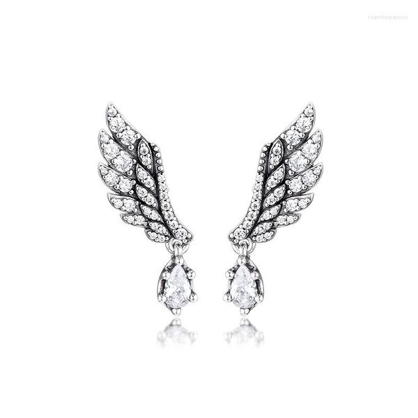 Orecchini per borchie autentiche 925 argento sterling ala di angelo penzolante per donne clear cz orecchio brincos gioielli originali all'ingrosso