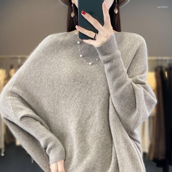 Frauenpullover Herbst/Winter Pullover lässig reiner Strickwolle Wollpullover runden Hals Damen Kleidung langer Bluse Cape Mantel
