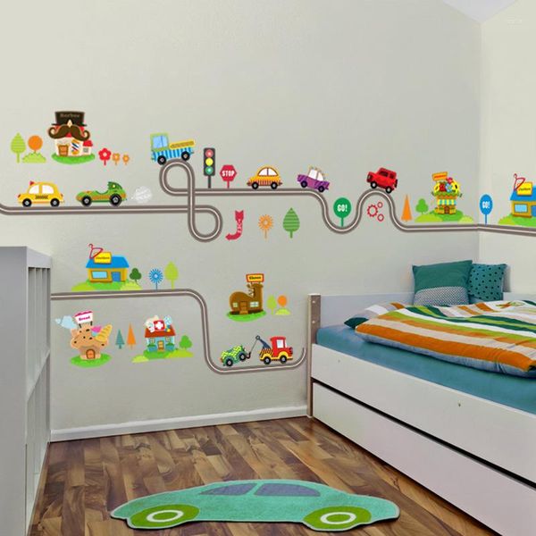 Wandaufkleber Cartoon Cars Transport City Road Map für Kinderzimmer Junge Baby Dekoration Abziehbilder Schlafzimmer Lebendige PVC -Poster