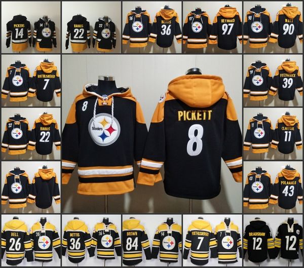 Pittsburgh''Steelers''Men 14 George Pickens 22 Najee Harris 90 T.J.Felpa con cappuccio pullover con lacci personalizzata nera senza età da 8 Watt Kenny Pickett