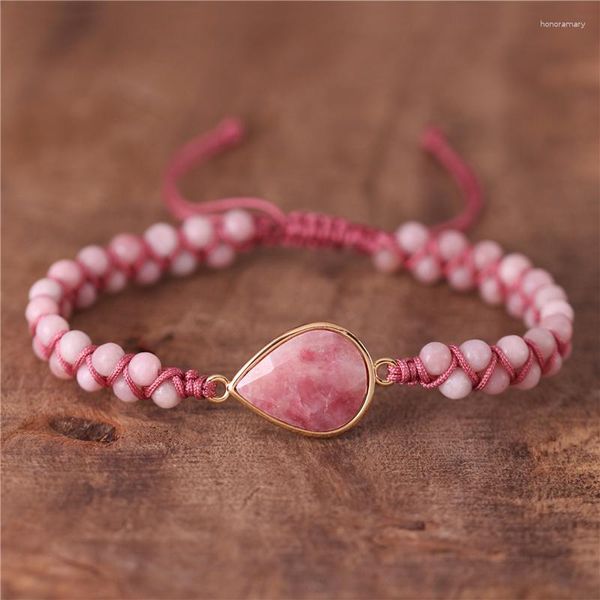 Charm Bilezik Rhodonit Gözyaşı Örgülü Pembe Opal Boncuklar Bohem Taş Kabl Macrame Bilezik Kadın Mücevher Drop