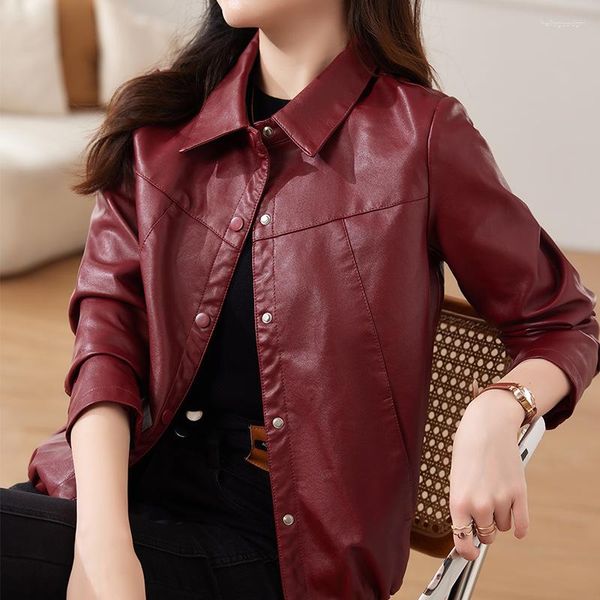 Pelle femminile 2023 Burgundy Red Coat Autumn/Inverno coreano Giacca di moda Jaqueta Feminina