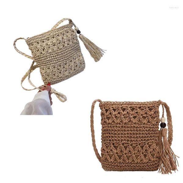 Borse da sera M6cc Women Beach Woven Straw Spalla Borsa con tassel boho out all'uncinetto della borsa macrame borsetta macrame