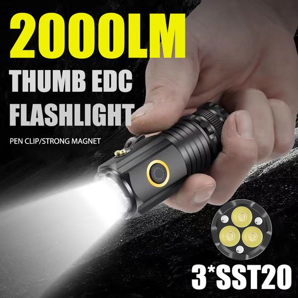 Lanternas portáteis 3 LED SST20 Mini LED LANTLHOT Tipo C Recarregável portátil EDC Torch Camping de emergência Lanterna com uso de ímãs 18350 Bateria 230820