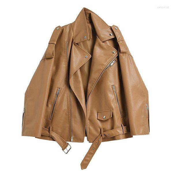 Cappotto da donna in pelle marrone kaki cappotto vintage inverno 2023 giacca per abbigliamento da moto corto sciolto