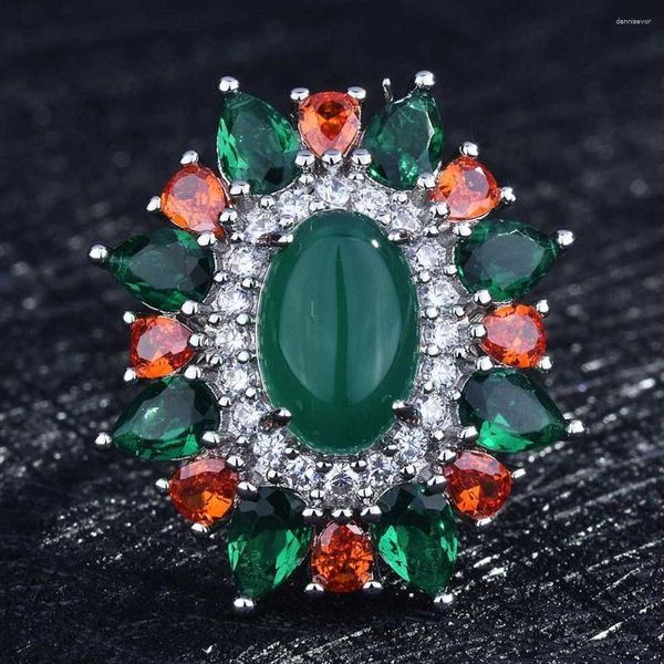 Cluster Ringe Luxus grüne Jade Emerald Gemstones Diamonds große Blumen für Frauen Weiß Gold Silber Farbe Fein Schmuck Geburtstag Geschenke