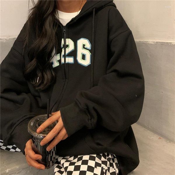 Kadın Hoodies Harajuku Vintage Gri Zip Up Kadın Grunge Kpop Büyük Boyu Sweatshirts Kore Moda Sıradan İnce Üstler Sokak Giyim