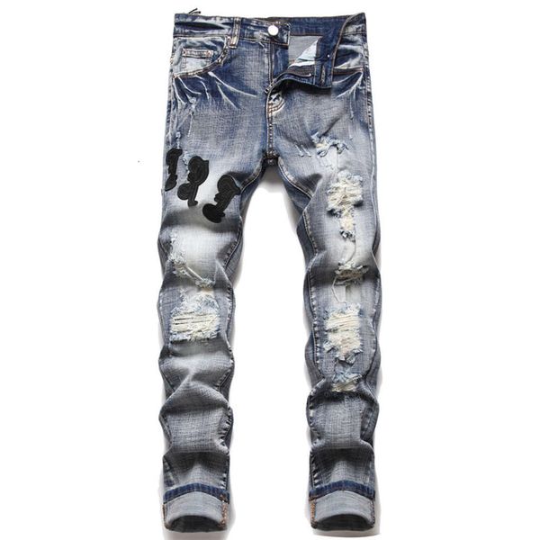 2023Now Style Punk Blue Hole Slim Fit Elastic Print Tingido Small Feet's Jeans Men Jeans Tamanho de alta qualidade 29-38