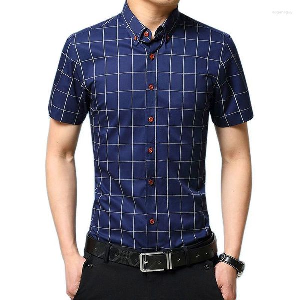 Camisas casuais masculinas 2023 Blue Cheched Men Men único lapela de lapela branca cinza camisa comercial química plus size s-5xl