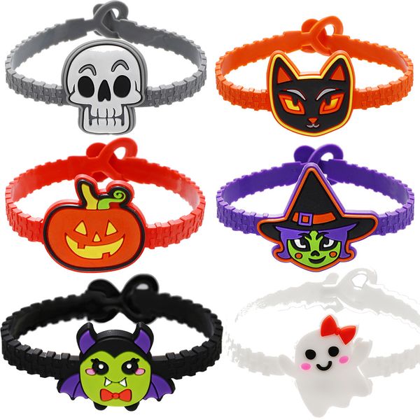 6psc Decorações de Halloween Crianças Anel de pulseira Pumpkin Skull Skull Witch Ghost Bat Silicone Candy Color Party adereços