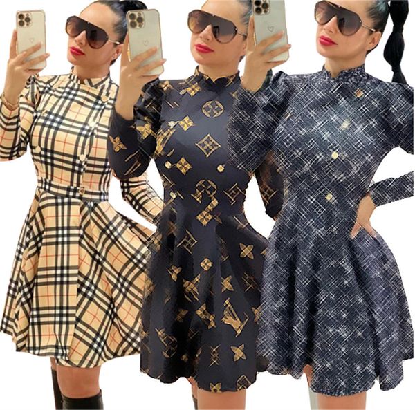 Salia Mulheres vestido sexy Mini saias de manga comprida Stand Stand Collar Plaid Party Work Business Camisa Vestidos Vestido de Mujer Big Size S-2xl