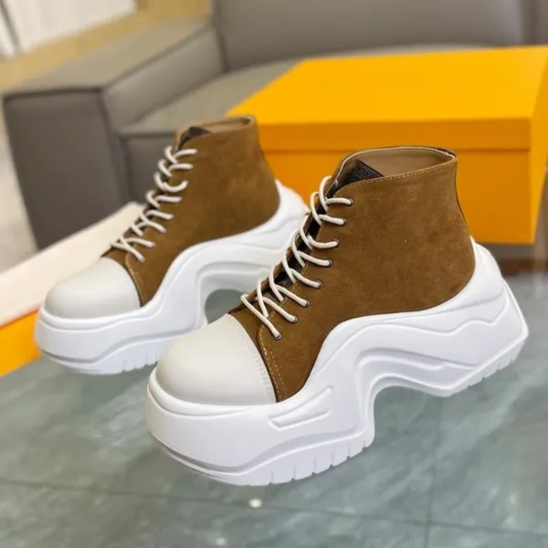 Luxury V Brand Sapatos casuais top altos mulheres elevadas 2023 novos sapatos de grife grossa sapatos de bolo de bolo genuíno Lace Up Sapatos de papai B22 Sapatos femininos