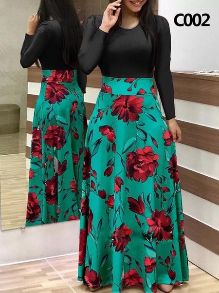 Abiti casual 2023 Fashion Slim Flower Stampa per colorblocco abito a maniche lunghe Ladies Neck Round Big Swing Maxi for Women Vestidos de Mujer