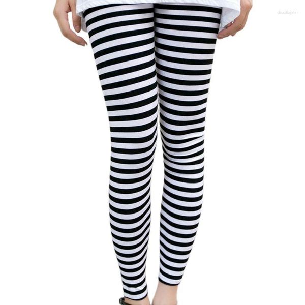 Женские леггинсы Женская осенняя лодыжка длины худые черные белые горизонтальные полосатые печатные брюки.