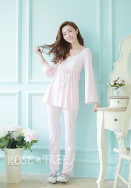 Frauen Nachtwäsche Prinzessin Pink Pyjamas Hosen Set Spitze Dekoration Home Tuch Pijamas Femininos Verao