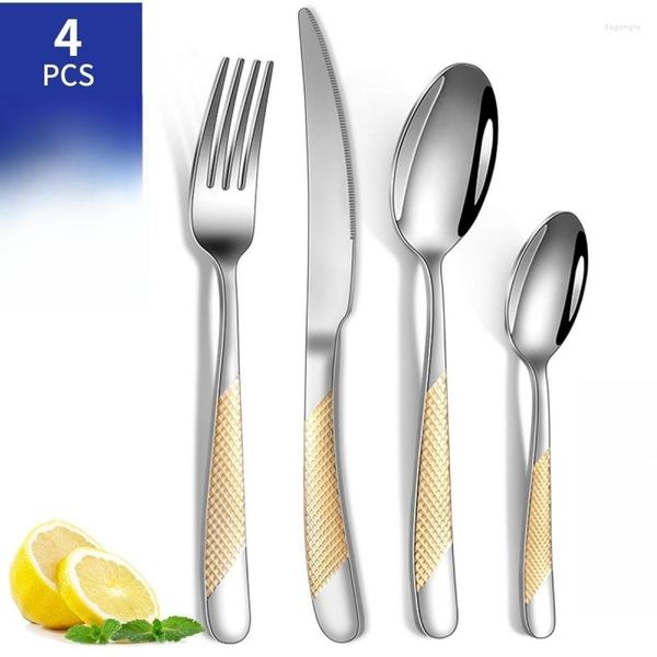 Geschirrsets 4pcs Küche Besteck Tischgeschirr Set Edelstahlmesser Forks Spoons Western Geschenkküchengeschirr Zubehör