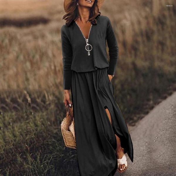 Abiti casuali Autunno Dress Long Dress Ladies Chic V-Neck Maxi con pieghe morbide Scissione orlo per donne Elegante caviglia autunno/primavera