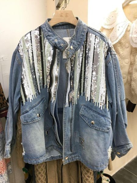 Jackets femininos de streetwear mulher jeans jeans lantejacho casaco de lantejoulas fêmeas jeans de manga comprida Mulheres