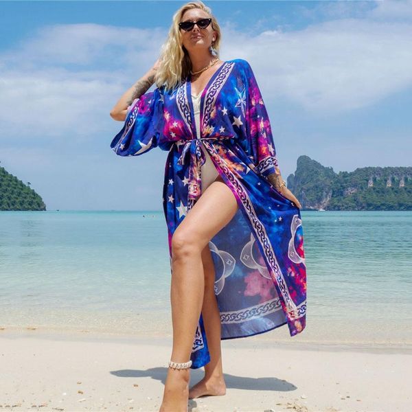 Badebekleidung Rayon Cotton Print Beach Bluse Sexy Sommer Urlaub Bikini Bluse Kimono Beach Cover Up Beach Kleid Badeanzug Deckung