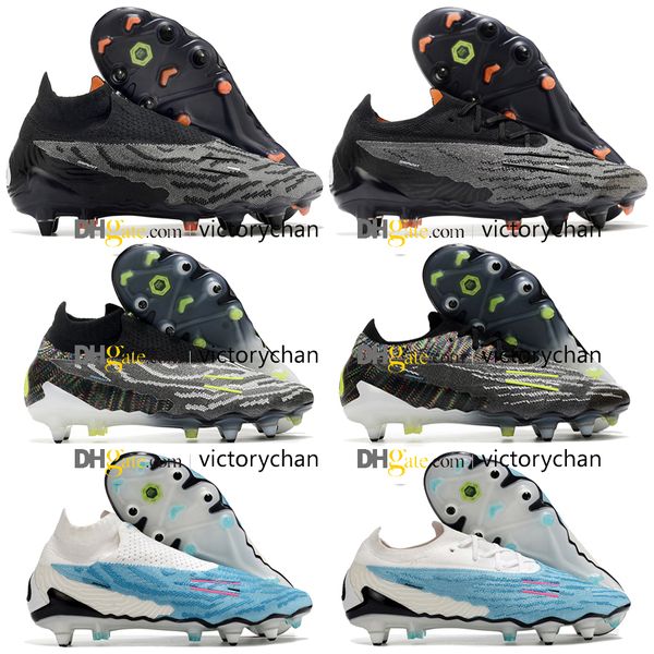 Saco de presentes Botas de futebol de qualidade Phantoms GX Elite SG Metal Unmovable Spikes Sapatos de futebol Mens Azul Preto Cinza Arco-íris Treinadores de couro macio Malha Chuteiras de futebol US 6.5-11