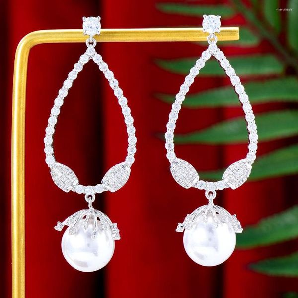 Dangle Ohrringe Godki berühmter Perlball für Frauen Hochzeit Kubikzirkon Mode Engagement Party Schmuck Pendientes Mujer Moda 2023