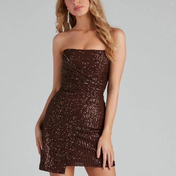 Abiti casual Night Club Abito da paillettes Donna sexy Bodycon glitter senza spalline Mini 2023 Elegante Elegante Vestidos a colori solidi arricciati