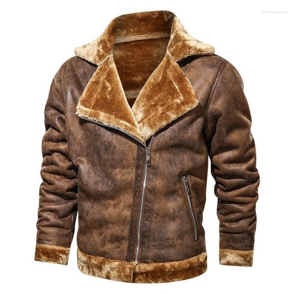 Jaquetas masculinas Retro Motocicleta Autumn e Winter Plus Lamb Velvet Trendência de jaqueta de couro com algodão