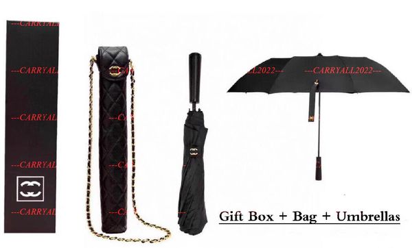 2023 Classic Classic Classic Classic Black Longo Dobra dobrável para mulheres Summer Fold Fashion Umbrella Rain Umbrella VIP Presente com Pu Case Packing CH552657956