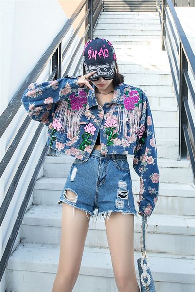 Frauen Outerwear Herumn Harajuku Paillettenblumendruckkette Quasten Frauen Kurzes Denim Outwear Franed Loch Long Sleeve Casual Jeans Jacke 2024