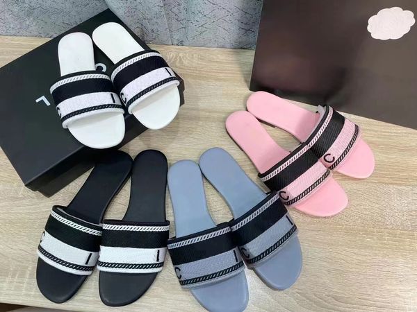 Neueste Hausschuhe mit Box Dust Bag Sticked Blumenbrokat-Abröcken Sommer Beach Stripes Baumwolle Freizeit flache Buchstaben Slipper Frauen EUR 35-40