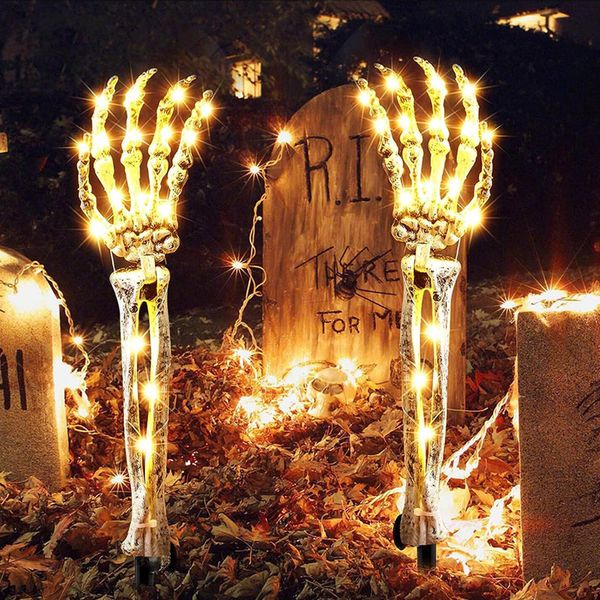 Altre forniture per feste per eventi 2 pezzi di decorazione di Halloween Scheletro braccia di punta a mano lampada 8 modalità timer impermeabile da giardino esterno illumina batteria figurina 230818