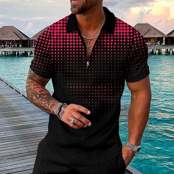 Polos da uomo Polka Dot Polo Shirt Sonta a maniche corte girare con cerniera abbigliamento casual 2023 cime maschili estivi