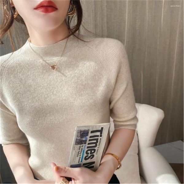 Camisolas femininas 2023 Moda coreana Cashmere Sweater Mulheres Jumper Turtleneck Manga curta Manga de malha Tops de lã de tee