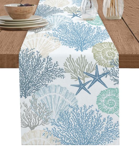 Runner de mesa Blue Marine Coral Shells Starfish Table Runner para Decoração de Casamento Modern Party Home Decoration Tloth 230818