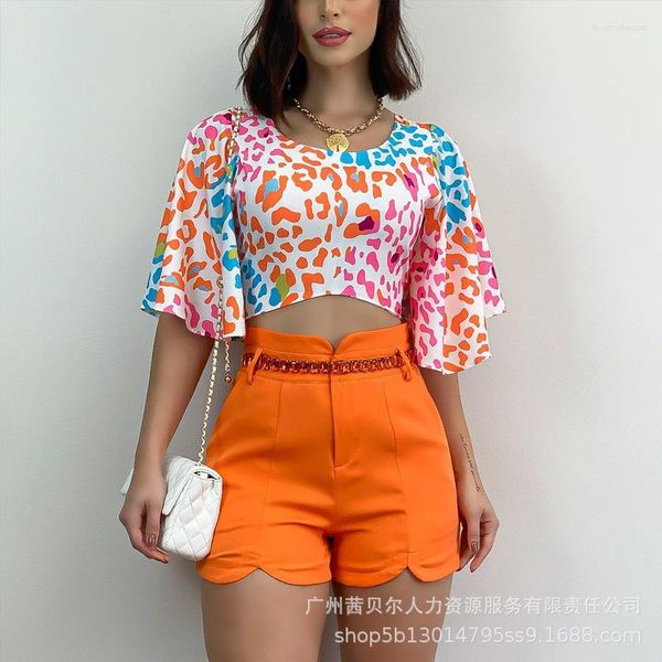 Frauen Tracksuits Leopard Print Glockenhülle Top Shorts Set Frauen passen zweiteilige Streetwear Orange Y2K Crop E-Girl kurz