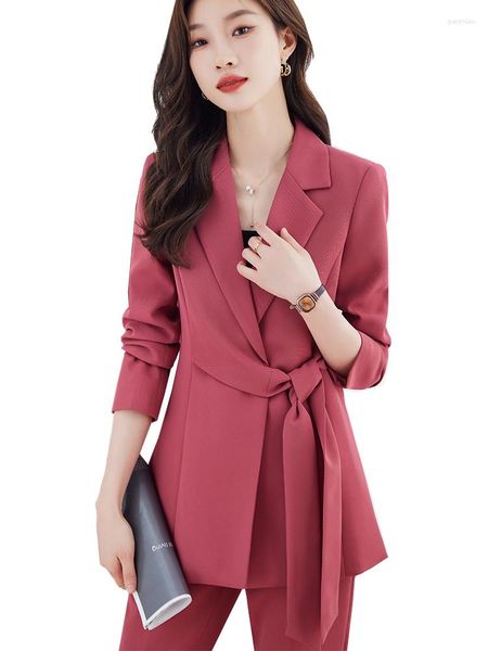 Damen zweisteuelhafte Hosen Frauenjacke und Hosenanzug Ladies Pink Grey Black Business Work tragen Langarm Blazerhose formelle 2 Set mit